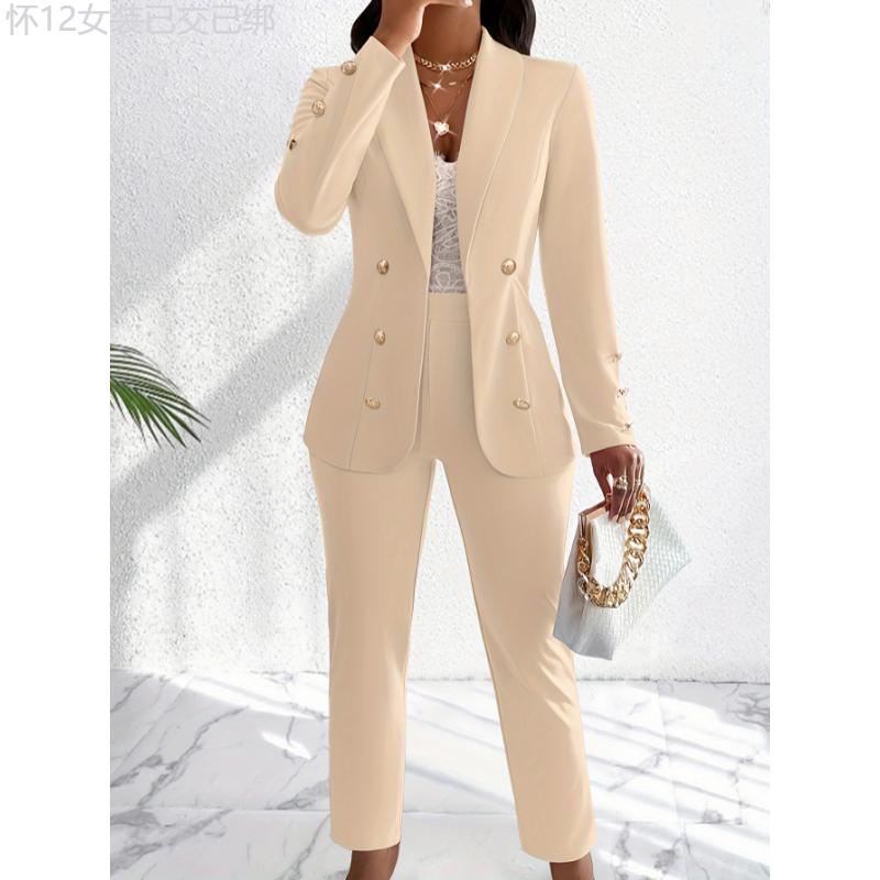 Elegant Solid Color Pants Set, Double Breasted Shawl Collar Slim Blazer & High Waist Straight Leg Pants For Office & Work, Women's Clothing Fabric Fit