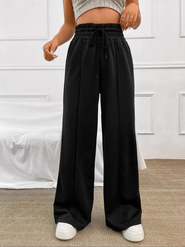 Women's Drawstring High Waist Wide Leg Pants, Casual Comfy Solid Trousers for Fall, Women's Bottoms for Daily Wear, Downtown Girl Clothes  Preppy 80s Clothes