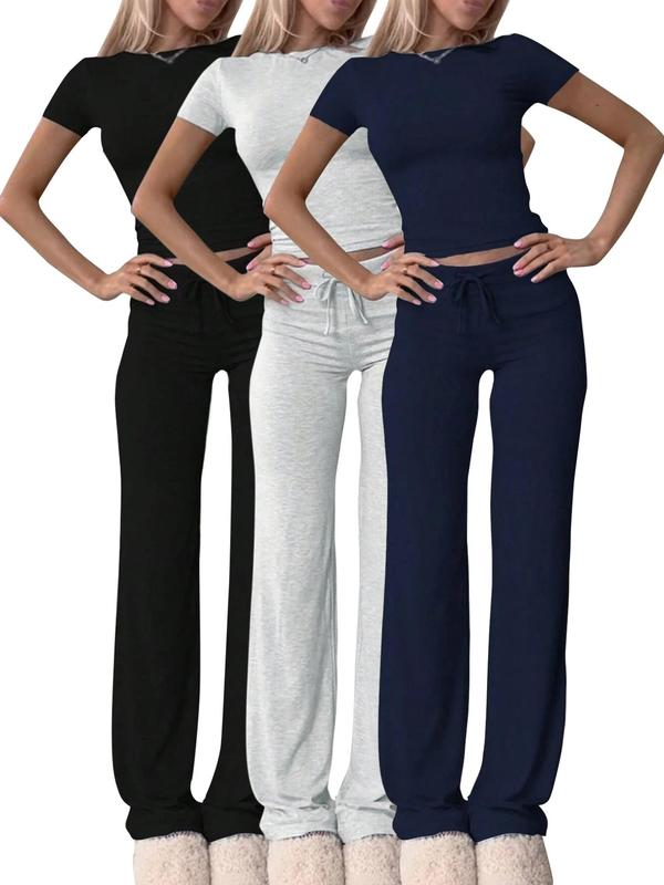 Women's Solid Color Ribbed Drawstring Waist Lounge Set, Casual Comfy Round Neck Crop Tee & Wide Leg Pants Loungewear Set,  Pajama Sets Women, Nightwear Sets, Ladies Sleepwear for All Seasons