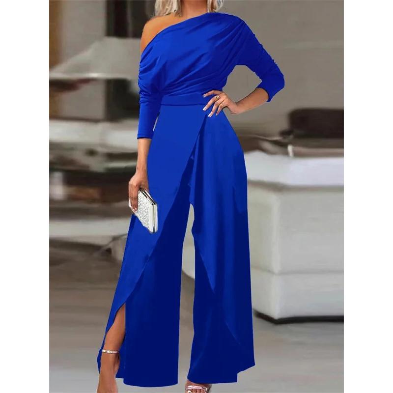 2023 Spring Jumpsuits for Women Plain Elegant Office Lady Loose Ruched One Shoulder Split Hem Wide Leg Jumpsuit Hip Overalls