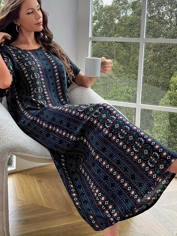 Women's Ethnic Pattern Round Neck Nightdress, Casual Comfy Short Sleeve Nightgown, Women Loungewear for Summer Daily Home Wear