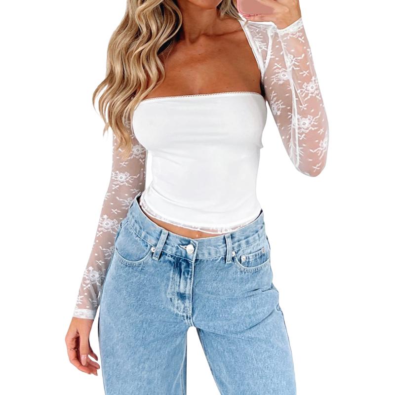 Women Y2k Lace Long Sleeve Top See Through Mesh Crop Top Floral Slim Fit Layering Top Tee Shirts Blouse Streetwear