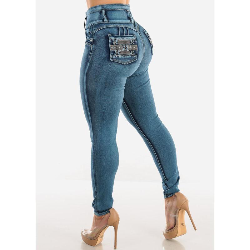 Butt Lift Super High Waist Skinny Jeans Med Sand Wash