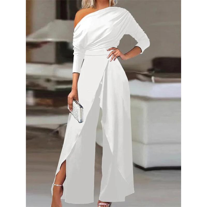 2023 Spring Jumpsuits for Women Plain Elegant Office Lady Loose Ruched One Shoulder Split Hem Wide Leg Jumpsuit Hip Overalls