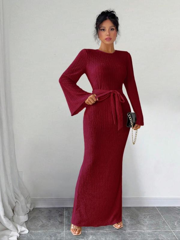 Women's Solid Color Belted Flounce Sleeve Bodycon Dress, Minimalist Long Sleeve Round Neck Maxi Dress for Party Holiday Wedding Guest, Ladies Spring & Fall Clothes,  Girl Clothes