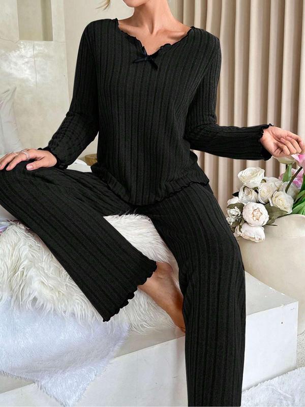 Two-Piece Set Women's Solid Lettuce Trim Ribbed Pajama Set, Casual Bow Decor Long Sleeve Top & Elastic Waist Pants PJ Set, Women's Sleepwear for Spring & Fall