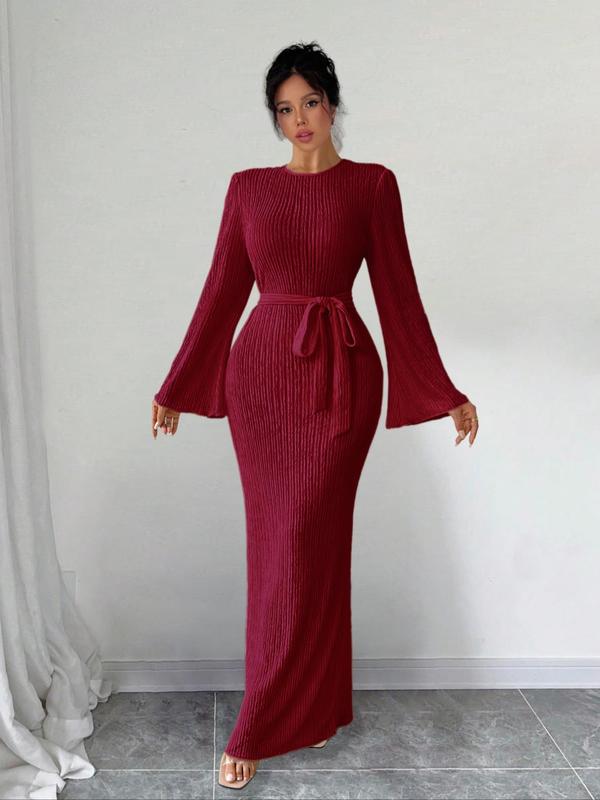 Women's Solid Color Belted Flounce Sleeve Bodycon Dress, Minimalist Long Sleeve Round Neck Maxi Dress for Party Holiday Wedding Guest, Ladies Spring & Fall Clothes,  Girl Clothes