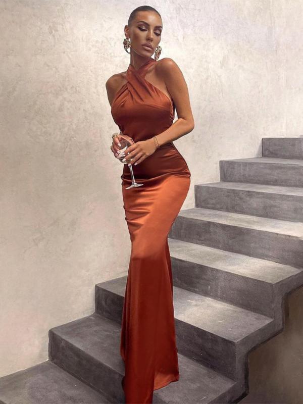 Women's Sexy Criss Cross Halter Backless Mermaid Dress, Summer Clothes Women, Elegant Formal Wear, Sleeveless Satin Maxi Dress for Party Formal Occasions, Wedding Dresses, Women's Clothing for Summer for Christmas