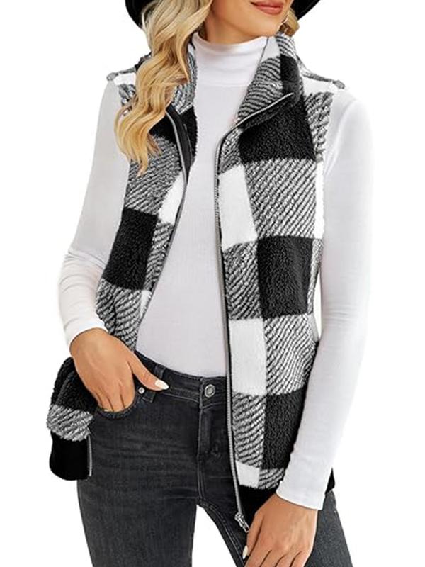 Women's Plaid Print Zip Up Funnel Neck Vest Jacket, Casual Pocket Design Sleeveless Outerwear for Fall & Winter, Women's Clothes for Daily Wear