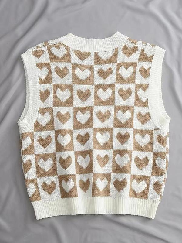 Women's Heart Print V Neck Sweater Vest, Casual Comfy Cozy Sleeveless Knit Top for Daily Outdoor Wear, Women Knitwear for Spring & Fall