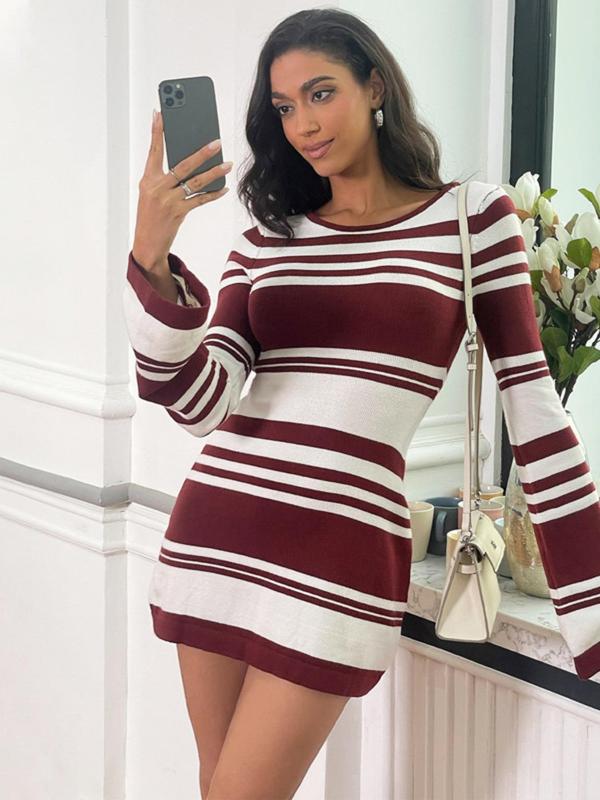 Women's Striped Print Backless Tie Back Sweater Frenchy Style Dress, Summer Dresses 2024, Dresses for Women, Long Sleeve Crew Neck Dress for Spring & Fall, Women's Clothing Fall Sweaters Casual Wear