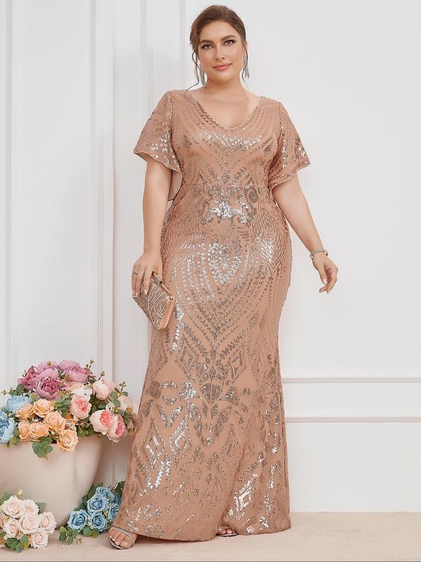 Plus Size Glittering Sequin Random Pattern V Neck Flounce Sleeve Evening Dress, Summer Clothes Women, Elegant Short Sleeve Long Dress for Evening Party Banquet, Women's Clothes for Summer