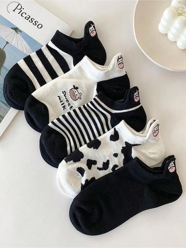 Women's 5 Pairs Cartoon Cow Print Ankle Socks, Summer 2024 Cute Soft Comfy Breathable Low Cut Socks for Daily Wear, Multipack Knit Ankle Socks, Ladies Socks & Hosiery