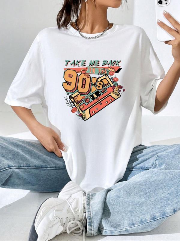 Women's Magnetic Tape & Letter Print Round Neck Tee, T Shirts for Women, Vintage Drop Shoulder Half Sleeve T-shirt, T Shirts for Women, Summer Clothes Women, Graphic Tees