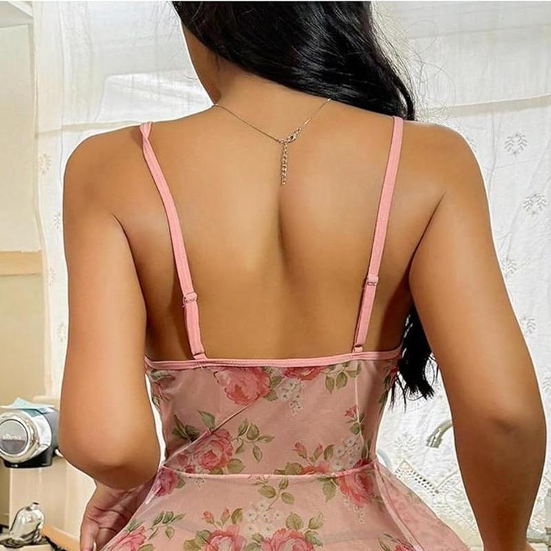 Babydoll Lingerie Floral Mesh Frill Ruffle Babydoll Lingerie Dress Chemise Nightgown Womenswear Nightwear Loungewear Comfort