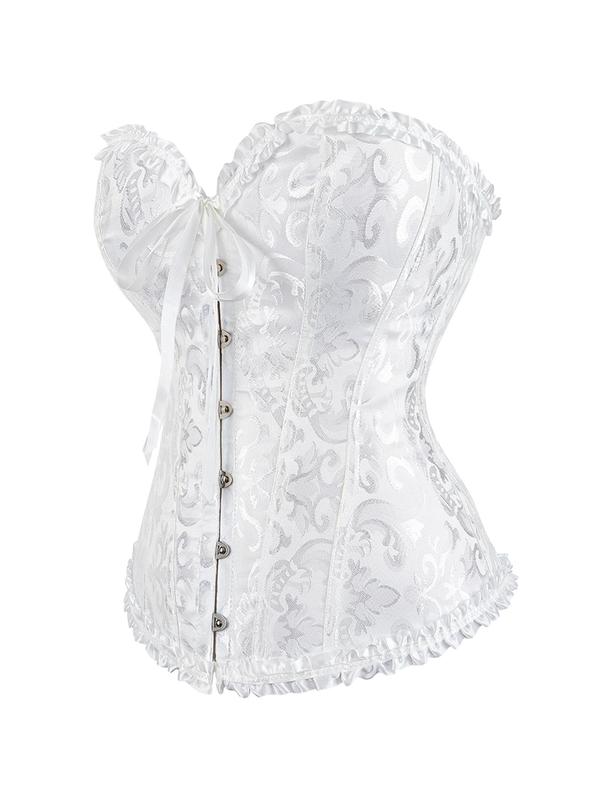 Women's Jacquard Lace Up Frill Trim Corset Structure Shapewear Tube Top, Elegant Button Front Tie Back Sweetheart Top for Daily Wear, Fashion Women's Shapewear for All Seasons