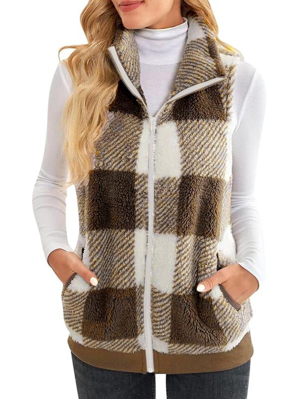 Women's Plaid Print Zip Up Funnel Neck Vest Jacket, Casual Pocket Design Sleeveless Outerwear for Fall & Winter, Women's Clothes for Daily Wear