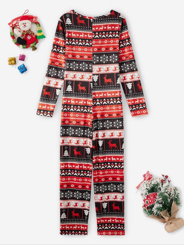 Women's Christmas Themed Print Button Front Lounge Jumpsuit, Casual Comfy Long Sleeve V Neck Jumpsuit, Ladies Sleepwear for Fall & Winter