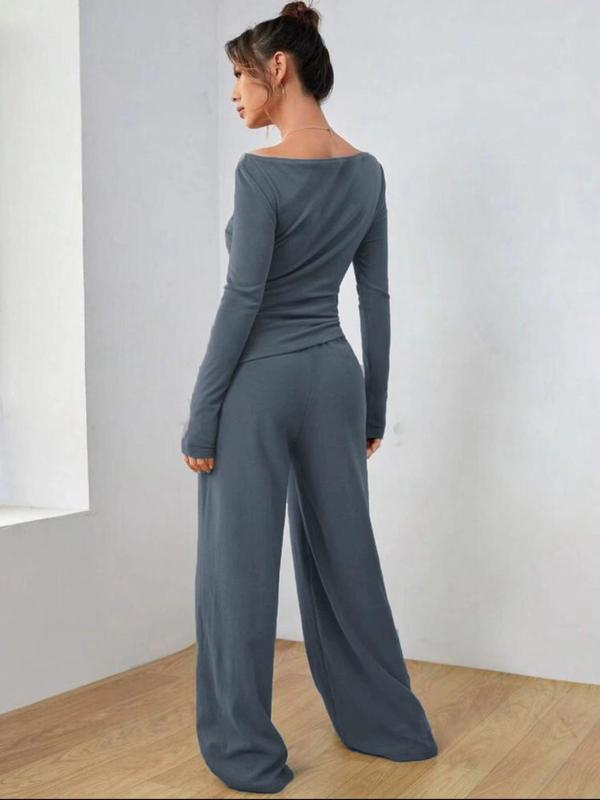 Women's Solid Ruched Long Sleeve Top & Pocket Wide Leg Pants Two-piece Set, Casual Top & Trousers 2 Piece Set for Spring & Fall, Women's Clothes for Daily Wear