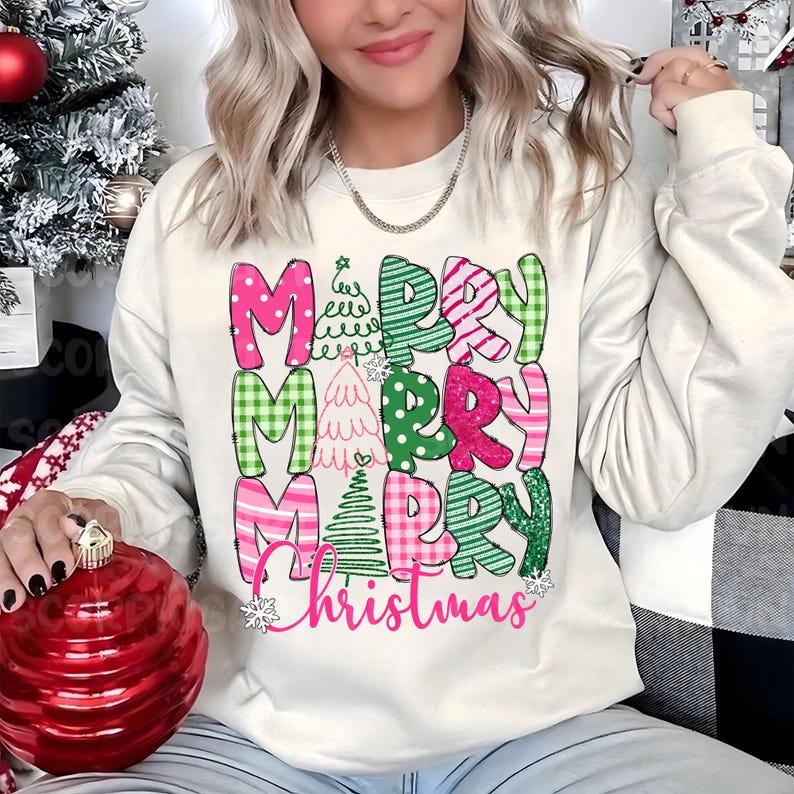 Merry Christmas Sweatshirt, Christmas, Pink Christmas, Christmas Coquette Bow, Graphic Tee, Cotton, Merry and Bright, Crewneck