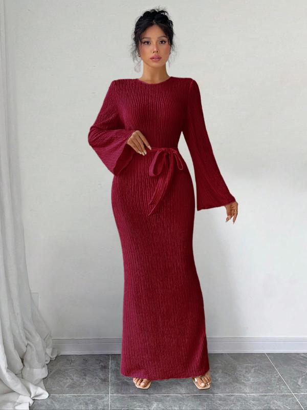 Women's Solid Color Belted Flounce Sleeve Bodycon Dress, Minimalist Long Sleeve Round Neck Maxi Dress for Party Holiday Wedding Guest, Ladies Spring & Fall Clothes,  Girl Clothes