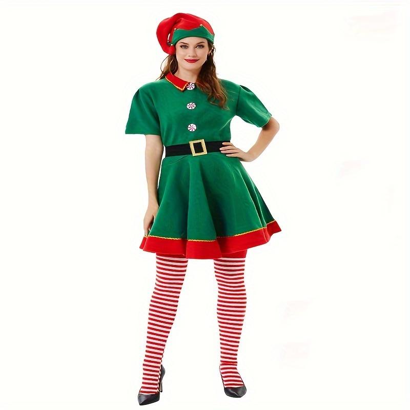 A Set of 4 Pieces Including Women's Christmas Elf Costume-Polyester Elf Dress, Hat, Belt, Striped Long Socks, Suitable for Holiday Parties and Halloween-Universal Adult Novelty Costume, No Feather, No Electricity