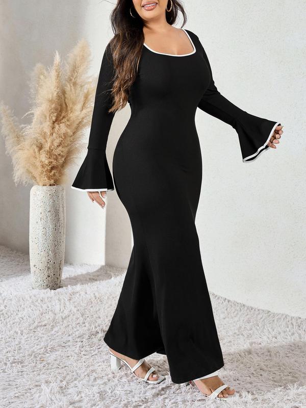 CURVZY Plus Size Contrast Binding Flounce Sleeve Dress, Elegant Scoop Neck Long Sleeve Dress for Party Holiday Wedding Guest, Women's Clothes for Spring & Fall