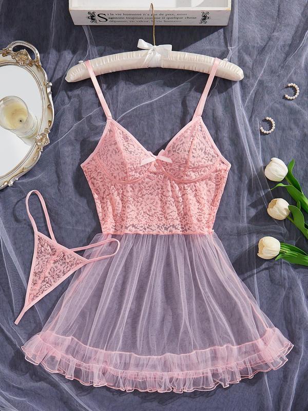 Women's Bow Decor Lace Cami Nightdress & Thong Sexy Lingerie Two-piece Set, Adjustable Spaghetti Strap Backless Sheer Frill Trim Lingerie & Panty Set, Women's Sexy Lingerie & Underwear Set for All Seasons