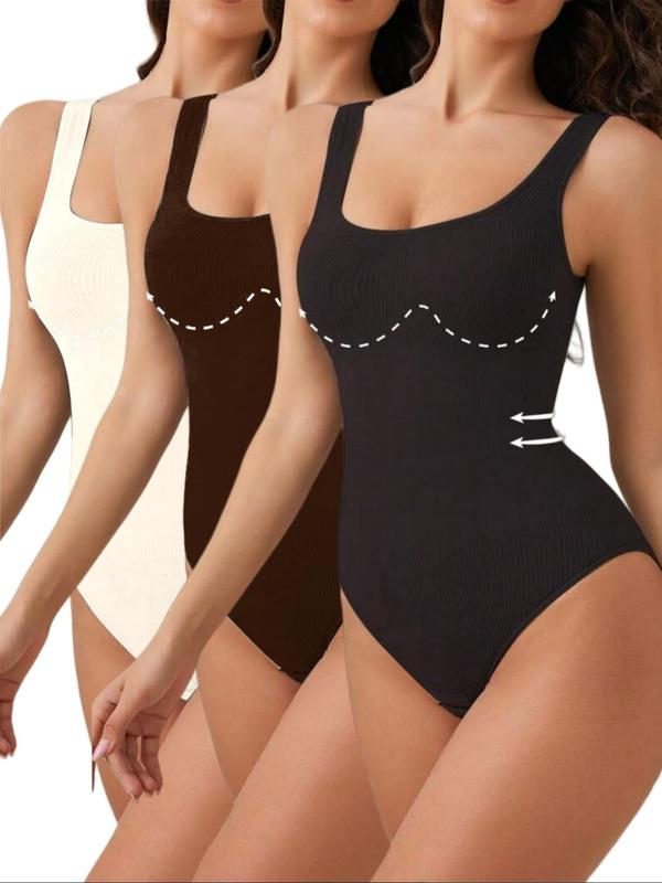 Women's Solid Square Neck Shapewear Bodysuit, Casual Comfy Tummy Control Shaper for Daily Wear, Women's Shapewear for All Seasons