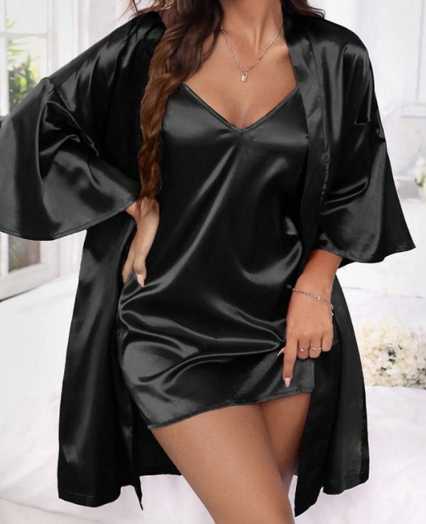 pj robe Drop Shoulder Satin Robe & Cami Dress PJ Set   Pajama Set Loungewear Womenswear Nightwear Women