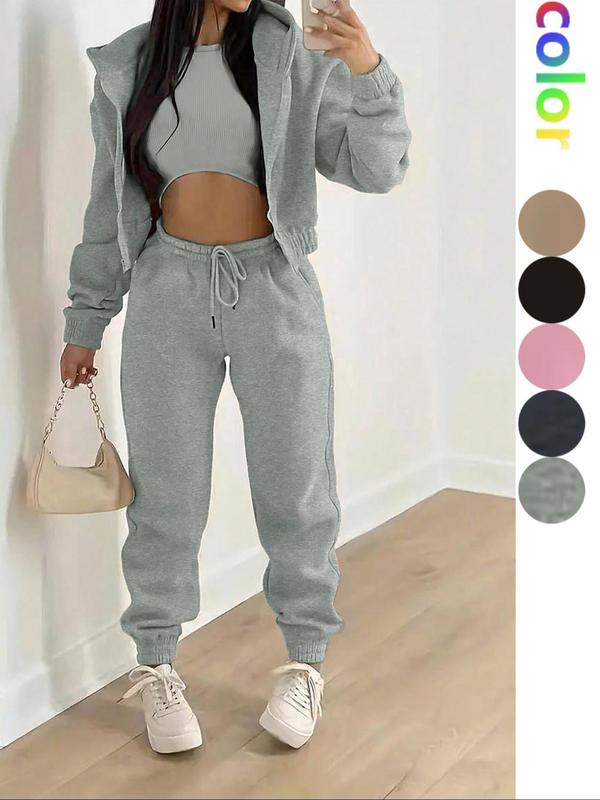 Solid Drop Shoulder Zipper Hoodie & Drawstring Waist Pants & Sleeveless Crop Tank Top Set, Co-ord Set, Lady Clothes for Outdoor, Please Purchase A Size Up, Fall Outfits for Women