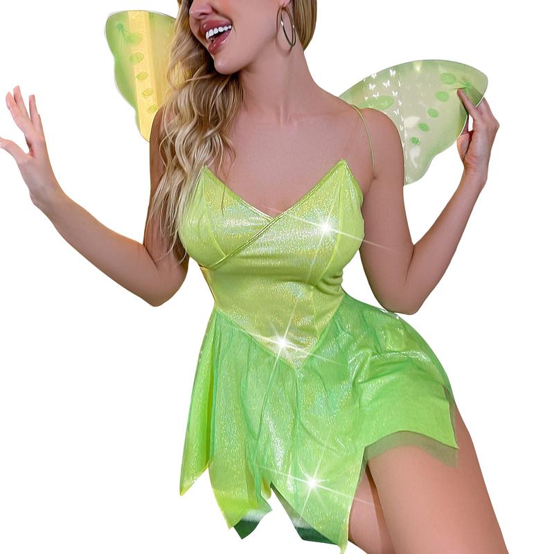 Womens Halloween Forest Fairy Tinkerbell Cosplay Dress Up Costume Sequin Dress Outfits Halloween Elf Dress with Wings Womenswear Accessories