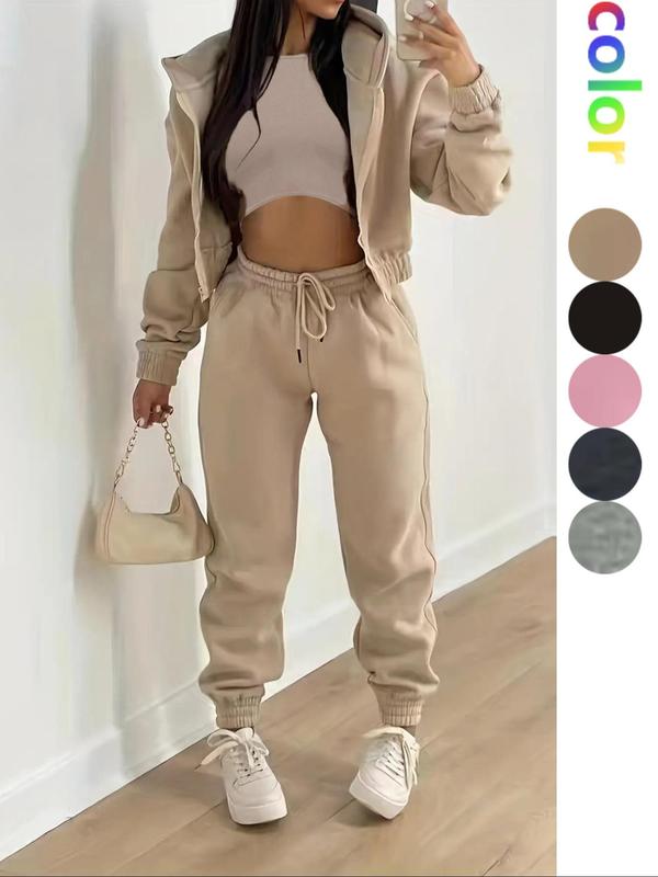 Solid Drop Shoulder Zipper Hoodie & Drawstring Waist Pants & Sleeveless Crop Tank Top Set, Co-ord Set, Lady Clothes for Outdoor, Please Purchase A Size Up, Fall Outfits for Women