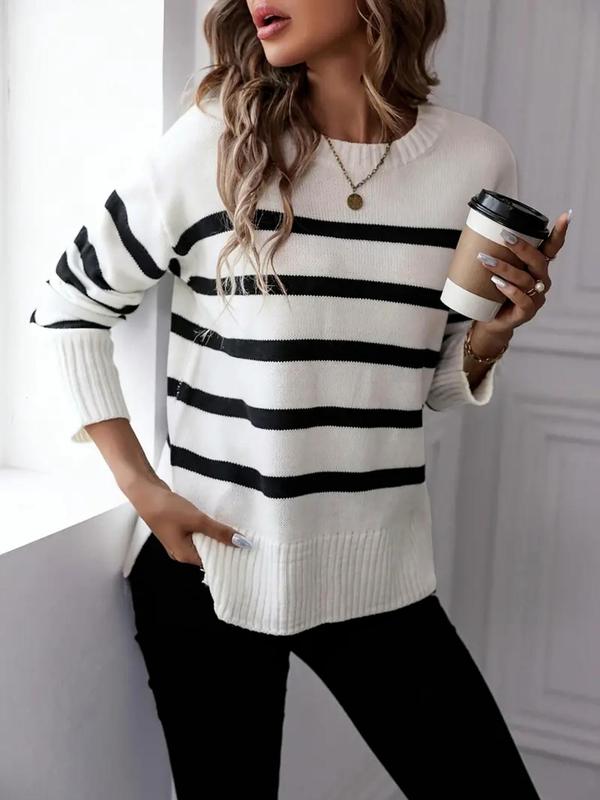 Women's Colorblock Striped Print Drop Shoulder Sweater Pullover, Casual Long Sleeve Round Neck Jumper for Fall & Winter, Fashion Ladies' Knitwear for Daily Wear