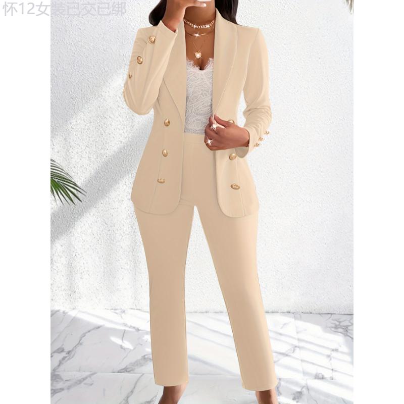 Elegant Solid Color Pants Set, Double Breasted Shawl Collar Slim Blazer & High Waist Straight Leg Pants For Office & Work, Women's Clothing Fabric Fit