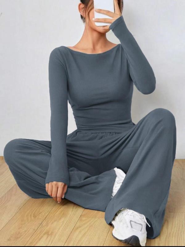 Women's Solid Ruched Long Sleeve Top & Pocket Wide Leg Pants Two-piece Set, Casual Top & Trousers 2 Piece Set for Spring & Fall, Women's Clothes for Daily Wear