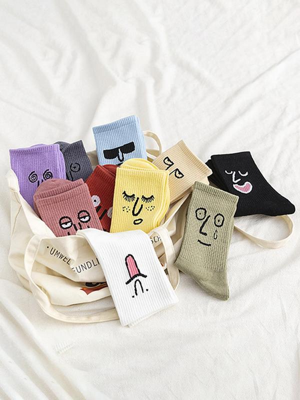 Women's Cartoon Face Print Mid-calf Socks, Casual Moisture Wicking Crew Socks, Soft Comfy Breathable Socks for All Seasons Daily Wear