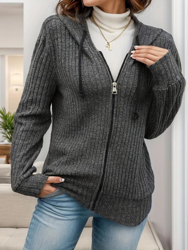 Plus Size Solid Zip Up Hooded Jacket, Casual Long Sleeve Hooded Outerwear for Daily Wear, Women's Plus Clothing for All Seasons