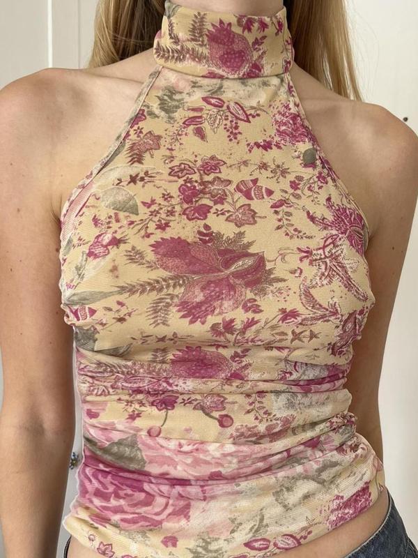 Women's Floral Print Ruched Halter Crop Top, Boho 2000s Y2K Sleeveless Backless Cropped Top for Summer, Ladies Clothes for Beach Holiday Vacation