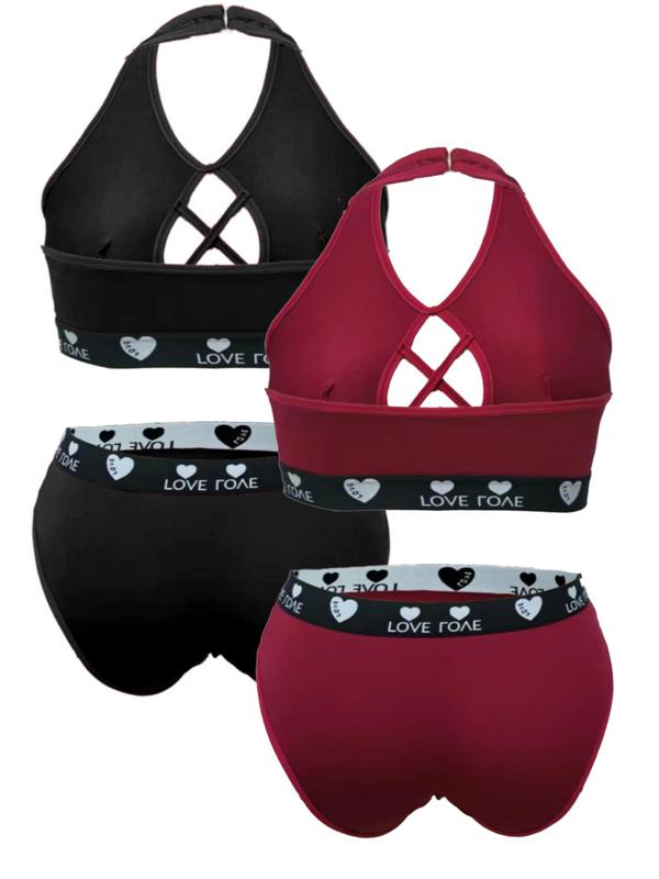  Women's Two-Piece Set Criss Cross Backless Halter Bra & Triangle Panty, Letter Tape Wireless Bra & Panty, Women's Underwear Set for All Seasons