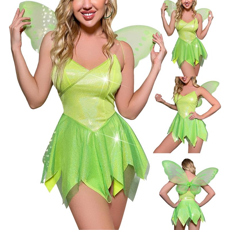 Womens Halloween Forest Fairy Tinkerbell Cosplay Dress Up Costume Sequin Dress Outfits Halloween Elf Dress with Wings Womenswear Accessories