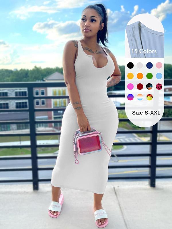 Women's Sexy Plain Notched Neck Bodycon Tank Dress, Casual Basic Minimalist Comfort Long Dress for Lady Party Club Beach, Dresses for Women, Back-to-school Clothing, Fall Outfits 2024, Lady Casual Wear, Mean Girls Outfit, Vow Renewal Party Pink Dress