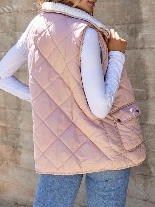 Women's Solid Color Pocket Zip Up Stand Collar Quilted Vest Jacket, Casual Fashion Button Design Sleeveless Thermal Lined Outerwear for Fall & Winter, Women's Clothes for Daily Wear