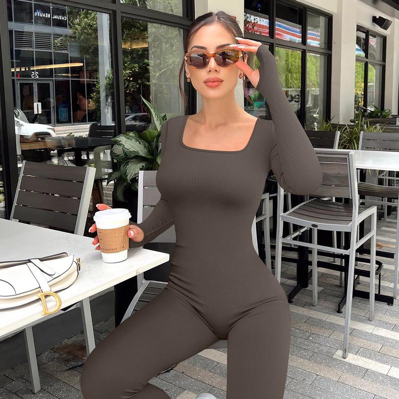 OQQfitness Long Sleeve Comfort Womenswear Overalls Square Neck Ribbed Longsleeves Basic Bell Bottoms Flare Jumpsuits