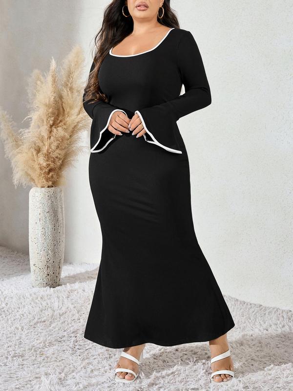 CURVZY Plus Size Contrast Binding Flounce Sleeve Dress, Elegant Scoop Neck Long Sleeve Dress for Party Holiday Wedding Guest, Women's Clothes for Spring & Fall