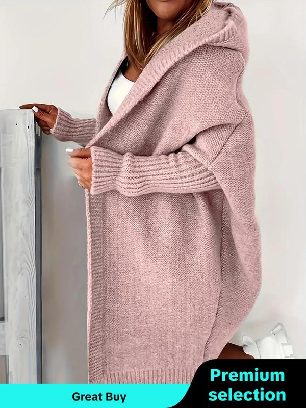 Women's Solid Color Batwing Sleeve Hooded Cardigan, Casual Long Sleeve Open Front Knitwear for Daily Wear, Cardigan for Women, Ladies Clothes for All Seasons