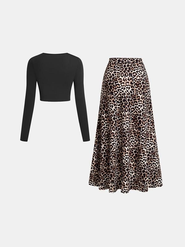 YOZY Christmas Deals, [size 8-18] Crop Top & Leopard Print Skirt Set, Casual Round Neck Long Sleeve Top & High Waist Skirt, 2024 Women's Daily Wear for Spring & Fall, Christmas 2024 Trend, Fall & Winter Outfits