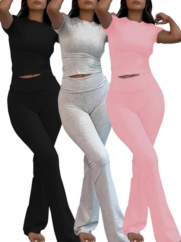 Women's Solid Loungewear Set, Casual Short Sleeve Crop Top & High Waist Flare Leg Pants, Ladies Sleepwear for All Seasons, Back-to-school Clothing, Pajama Set, Summer Sets, Summer Wear 2024, Homewear, Black Girl Wear