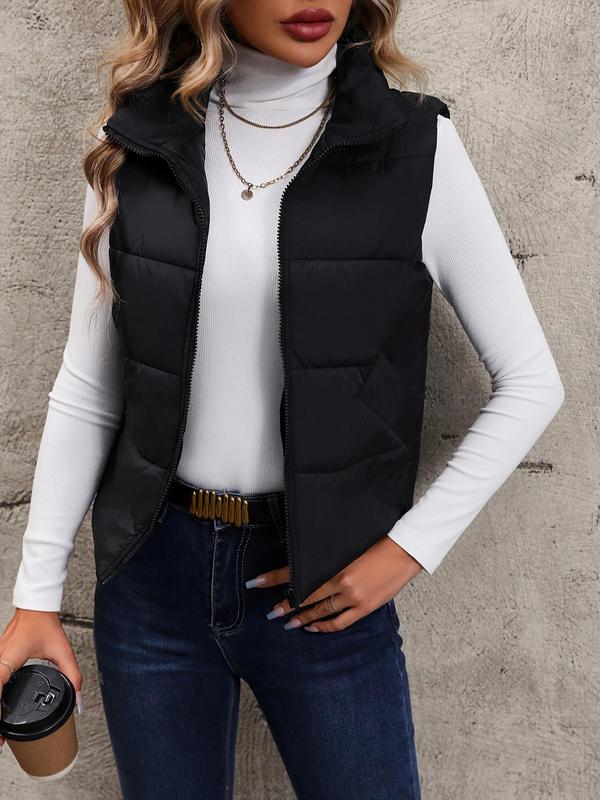 Women's Solid Zip Up Puffer Vest Coat, Casual Pocket Thermal Outerwear for Fall & Winter, Sleeveless Warm Jacket, Going Out Top, Women's Clothing for Daily Wear