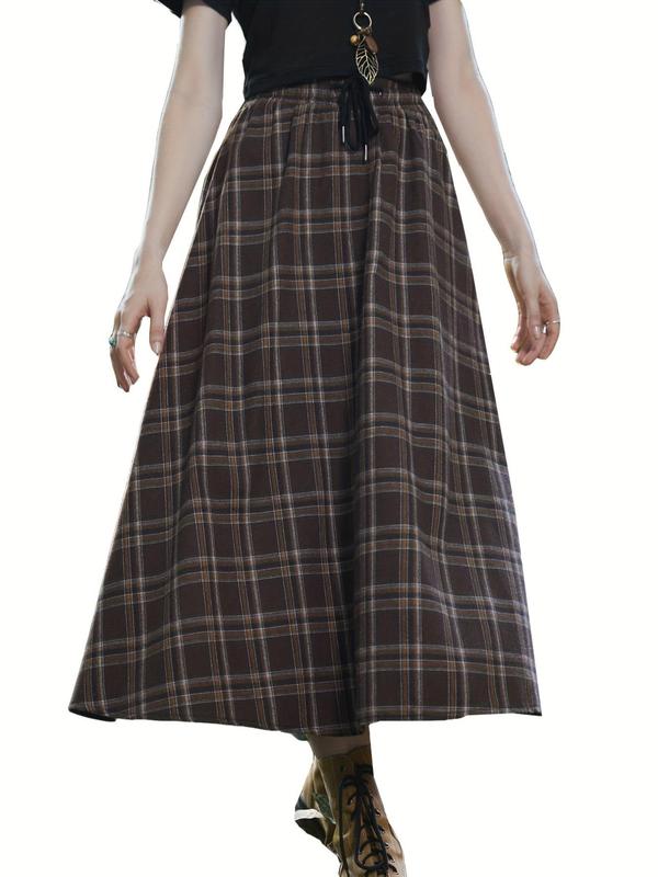 Women's Plaid Print Drawstring Waist Flared Skirt, Casual Fashion Elastic Waist Long Skirt for Daily Outdoor Wear, Women's Bottoms for Spring & Fall